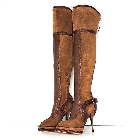 Dior Shoes - Christian Dior Retro Vintage Intrigante Thigh High Brown Harness Heeled Boots 35